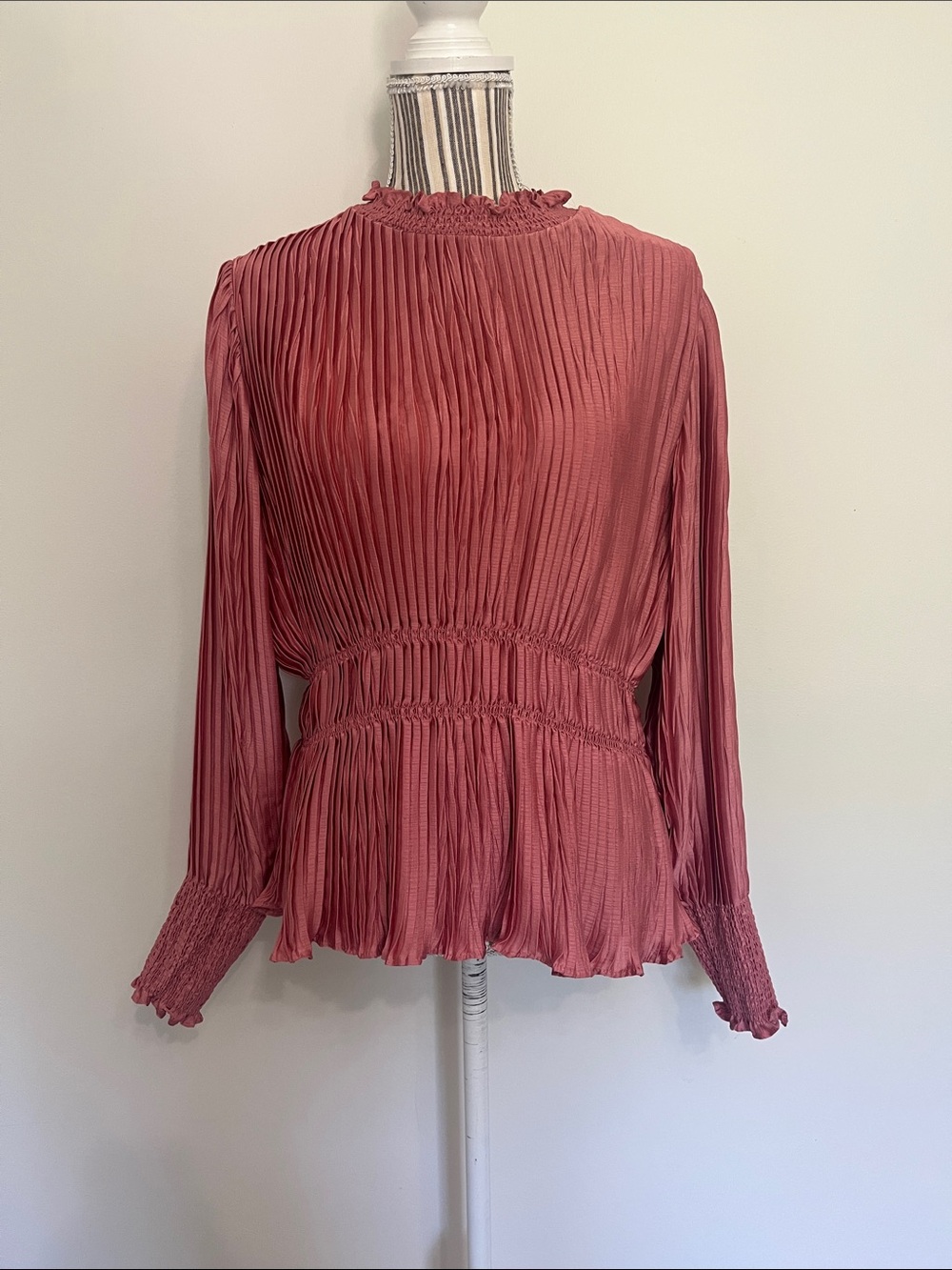 Cato Pleated Ruffled-Neck Peplum Blouse in Rose